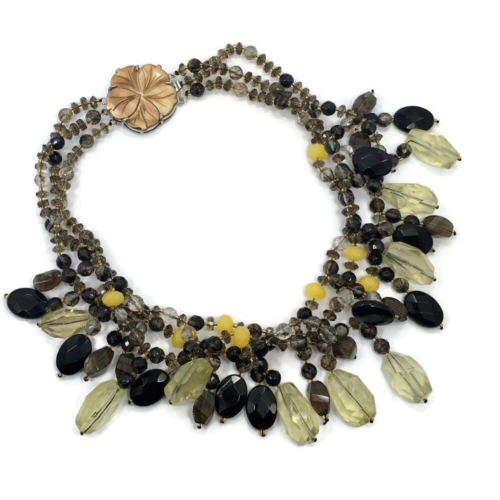 Quartz Necklace Vintage Multi-Strand : Smoky, Yellow, Shell Flower Clasp
